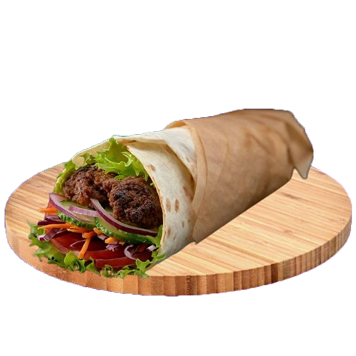 Raja’s Large wrap with meat, lettuce, onions, and carrots on a wooden board.
