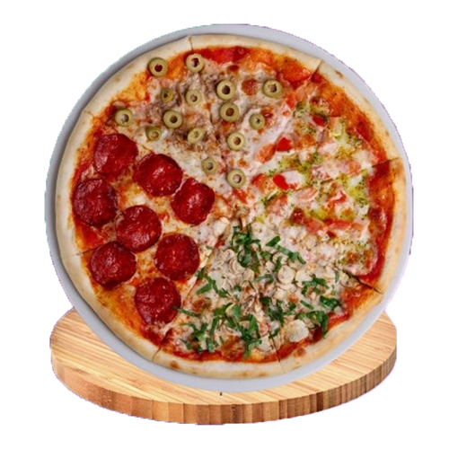 Raja’s Four Season Pizza with pepperoni, olives, and two other toppings. 