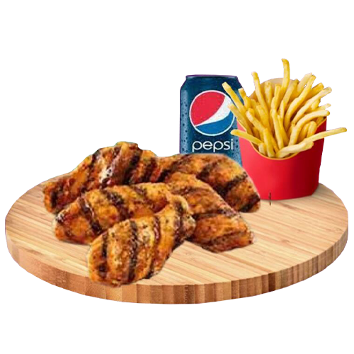 Raja’s grilled chicken wings, fries in red cup, Pepsi can on wooden board.