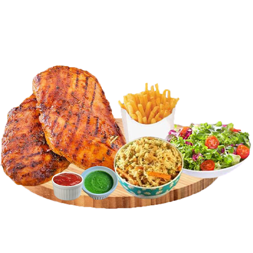 Grilled chicken breasts with fries, rice, salad and dipping sauces.